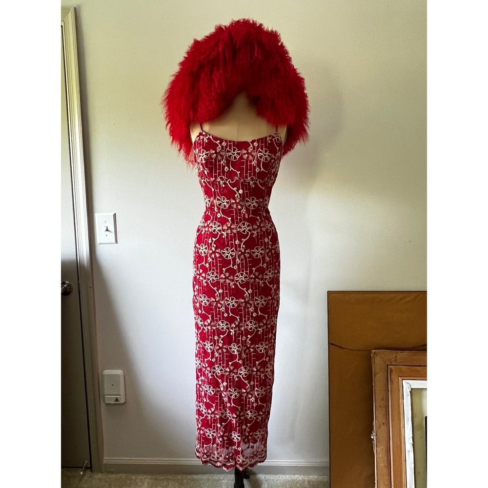 Vintage Y2K USA Red Gold Floral Embroidered Siren Coquette Romantic Maxi Dress M